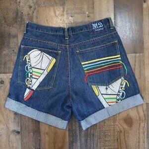 M2 Jeans Mens Size 34  Denim Jean Shorts Rainbow Embroidery Shoe Print